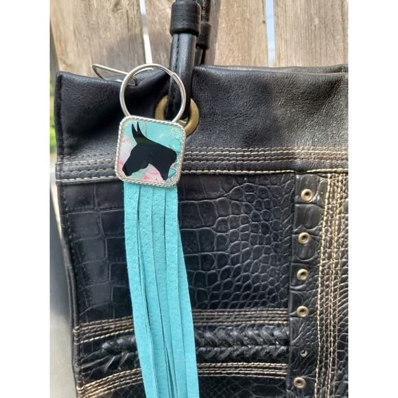 Handmade mule lover boho Leather Fringe Western bag charm, Long fringe keychain - Picture 1 of 4